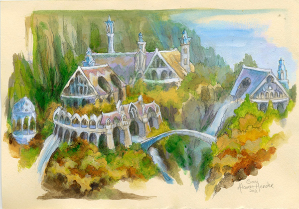 Original mixed media painting of Rivendell by Soni Alcorn-Hender, 8 x 6 inches <br /><div class="floatbox" data-fb-options="width:1400  height:80%"><a class="transparent" href="https://bohemianweasel.com/gallerylotr/">✦</a></div><span class="ngViews">154 views</span>