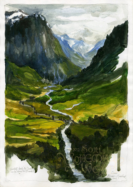 Original acrylics and mixed media painting of the Vale of Rivendell by Soni Alcorn-Hender, 2012, 8 x 12 inches <br><div class="floatbox" data-fb-options="width:1400  height:80%"><a class="transparent" href="https://bohemianweasel.com/gallerylotr/">✦</a></div><span class="ngViews">142 views</span>