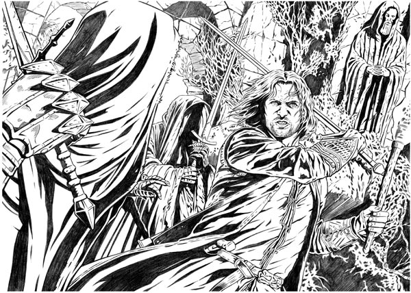 Original pencil drawing of Aragorn vs Ringwraiths by Joe Corroney, for the coloured Masterpieces II base card #39, 2008, 11 x 8 inches. <br><div class="floatbox" data-fb-options="width:1400  height:80%"><a class="transparent" href="http://www.joecorroney.com/">✦</a></div><span class="ngViews">126 views</span>