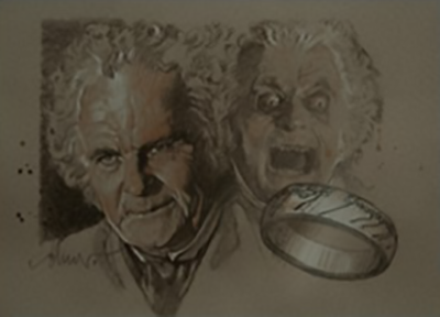 Drew Struzan is an American artist known for his more than 150 movie posters and art, which include Star Wars and Lord of the Rings. <br /><br /> ‘Bilbo's Metamorphosis’ is From the Lord of the Rings / set 2, consisting of nine drawings, each signed ‘drew’. <br /><br /> These drawings are finished art for the "Lord of the Rings" Tops Trading Card Set. Medium: Coloured pencils & acrylic paints.<div class="floatbox" data-fb-options="width:1400  height:80%"><a class="transparent" href="http://www.drewstruzan.com/illustrated/portfolio/?fa=large&gid=762&co&gallerystart=26&pagestart=1&type=co&gs=2">✦</a></div><span class="ngViews">143 views</span>