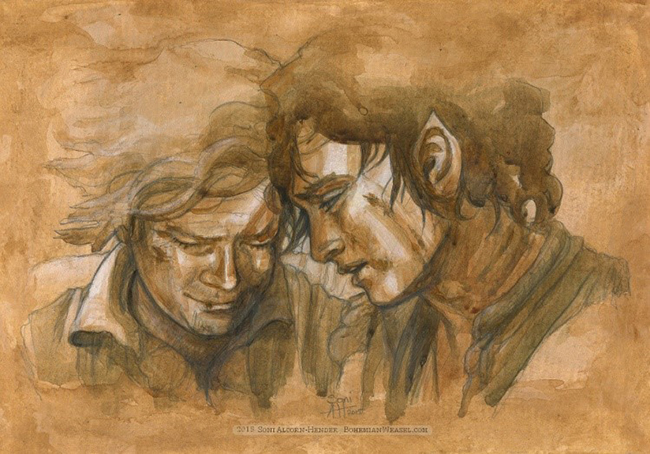 Specially commissioned painting to match LOTR parody Frodo and Sam end-credits by Soni Alcorn-Hender: 10.5×7″, graphite.<br /><div class="floatbox" data-fb-options="width:1400  height:80%"><a class="transparent" href="https://bohemianweasel.com/gallerylotr/">✦</a></div><span class="ngViews">79 views</span>