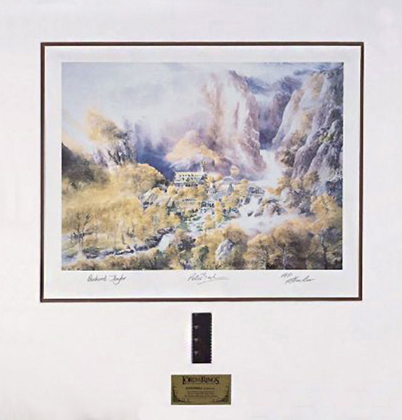 Sideshow Weta: the Rivendell Lithograph & Film Strip Collectible. The limited edition set, features a reproduction of Lee's original watercolor of Rivendell, and a piece of the actual film strip from Rivendell scenes in The Fellowship of the Ring, donated by Peter Jackson out of his personal collection. Individually numbered and personally hand-signed by Alan Lee, Richard Taylor and Peter Jackson. Total size is 29 x 29 inches. <br><div class="floatbox" data-fb-options="width:1400  height:80%"><a class="transparent" href=" http://www.tolkienguide.com/modules/wiwimod/index.php?page=SW_P_LeeLitho ">✦</a></div><span class="ngViews">111 views</span>