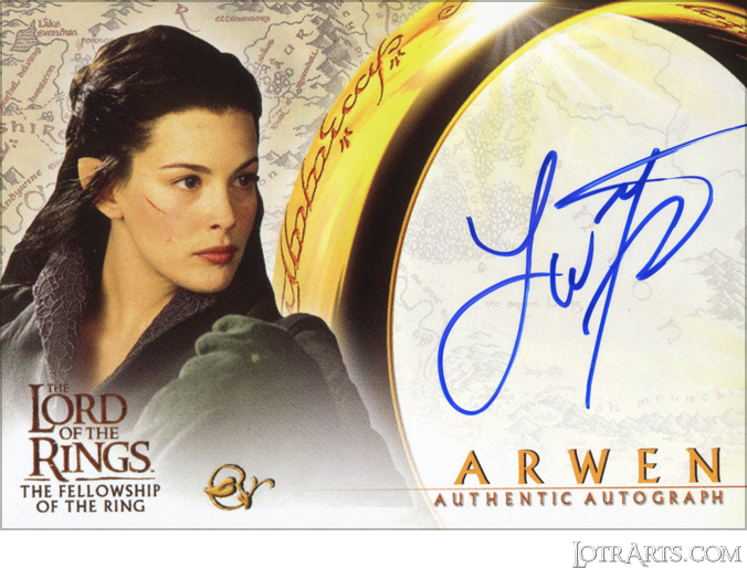 FOTR Set 2: signed by Liv Tyler as Arwen (Odds 1:24 packs)<br />

<br />

<a class="nofloatbox"><img src="https://www.lotrarts.com/images/icons/bank16x.png" alt="Buy" /></a>

<div class="pricetext2">price</div>

<br />