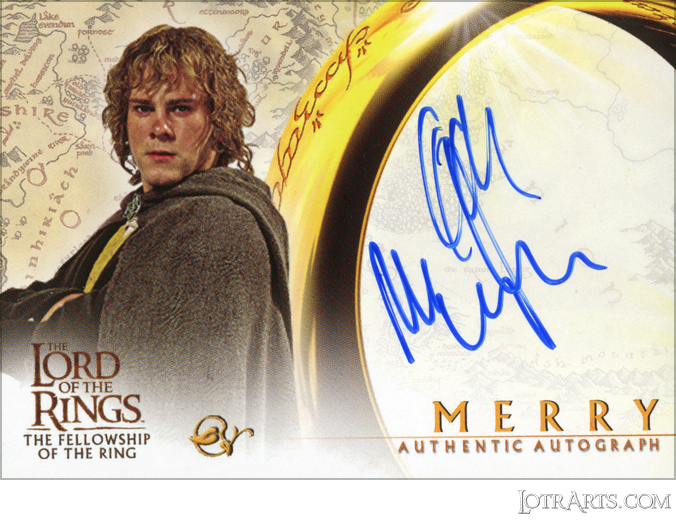 FOTR - Retail, Set 2: signed by Dominic Monaghan as Merry (purportedly only signed 100 cards, being the rarest auto)

<br />

<a class="nofloatbox" href="https://www.lotrarts.com/shopfront/#cards"><img src="https://www.lotrarts.com/images/icons/buy-001.png" alt="Shop" /></a><span class="ngViews">2 views</span>