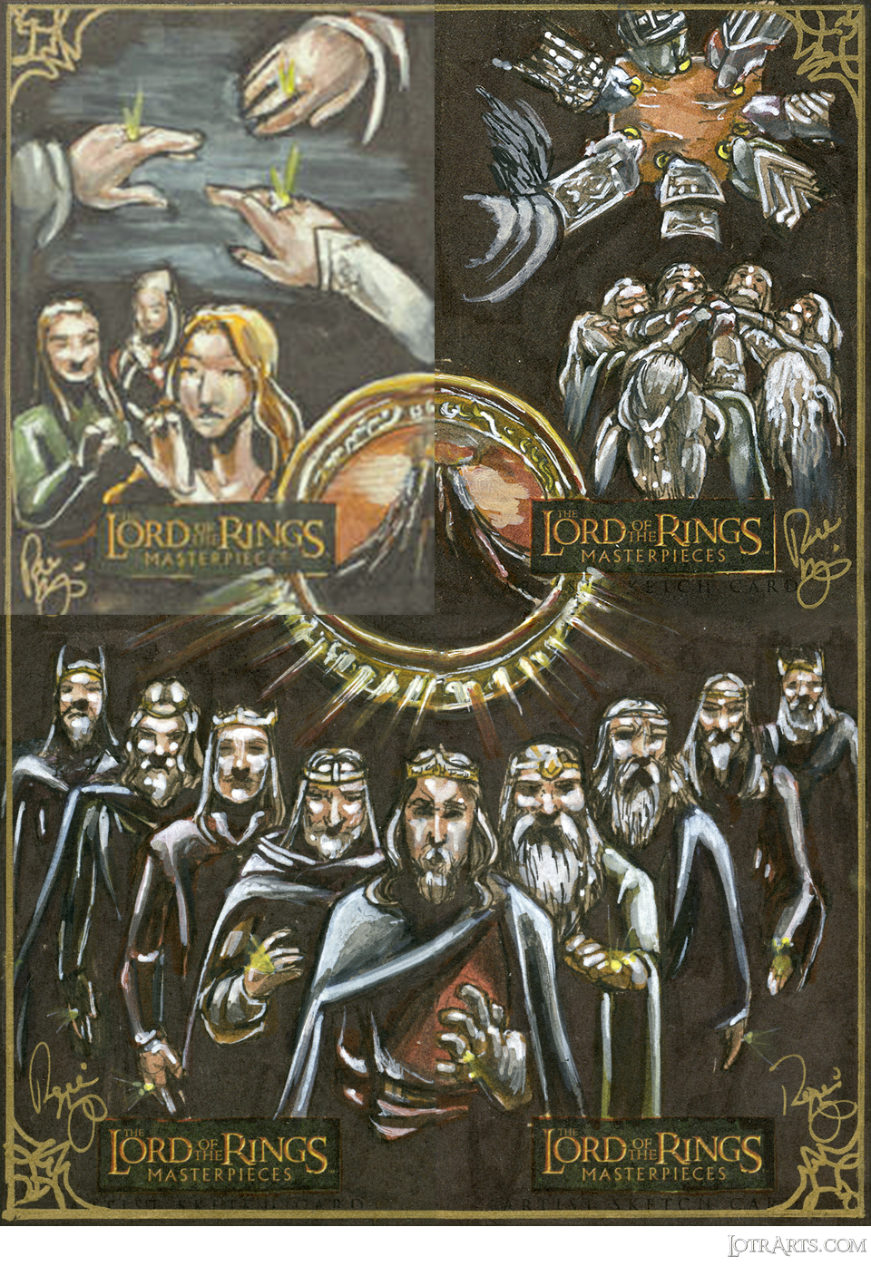The Rings: Elves, Dwarves and Kings of Men by Renae De Liz. <br><br> MI four-card panel, pieces separately pack-inserted in 2006.<span class="ngViews">11 views</span>