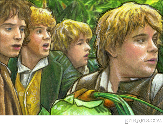 Frodo, Sam, Merry, Pippin in Farmer Maggot's by Gonzalez