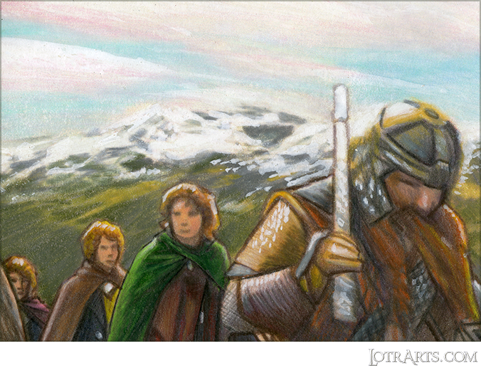 Gimli, Frodo, Merry travelling south by Gonzalez