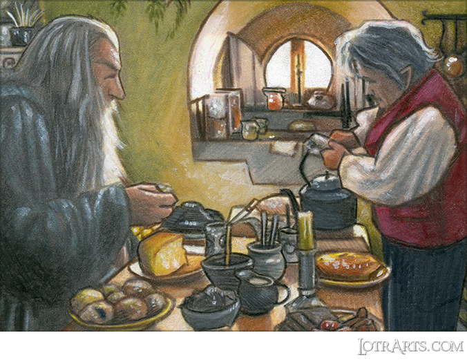 Bilbo makes tea for Gandalf at Bag End by Gonzalez