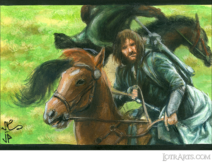 Aragorn looks back at Éowyn as he rides off to battle orcs and wargs by Potratz and Hai