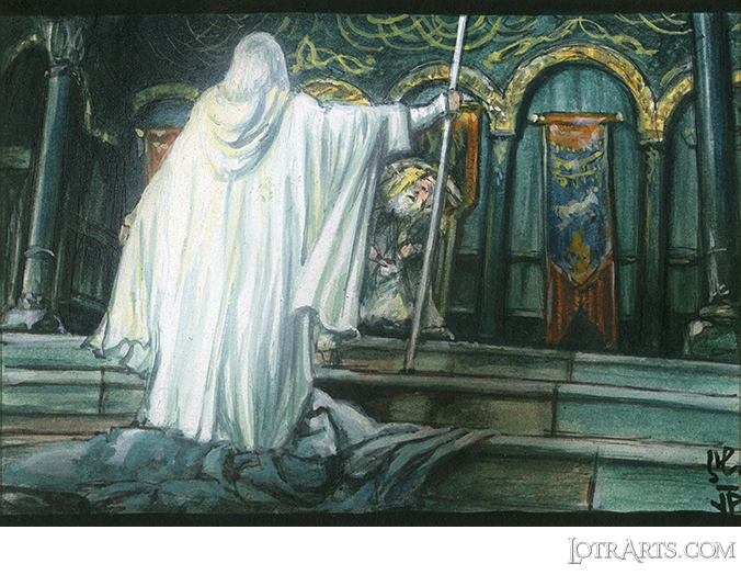 Gandalf the Grey uncloaking to reveal Gandalf the White to release Théoden from Saruman's power by Potratz and Hai