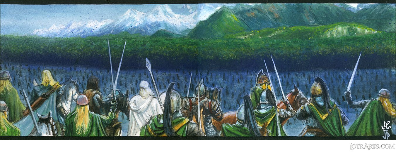 Gandalf and Rohirrim watch Uruk-Hair rush into and be destroyed by Ents, a two-card panel, byPotratz and Hai