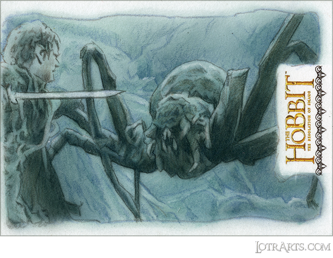 Bilbo fighting spiders of Mirkwood by Stevlic <br /><div class="floatbox" data-fb-options="width:1400  height:80%"><a class="transparent" href="https://www.lotrarts.com/product/cards?card_sku=1R1P%E2%82%AA3572&card_price=$150.00"></a></div><span class="ngViews">12 views</span>