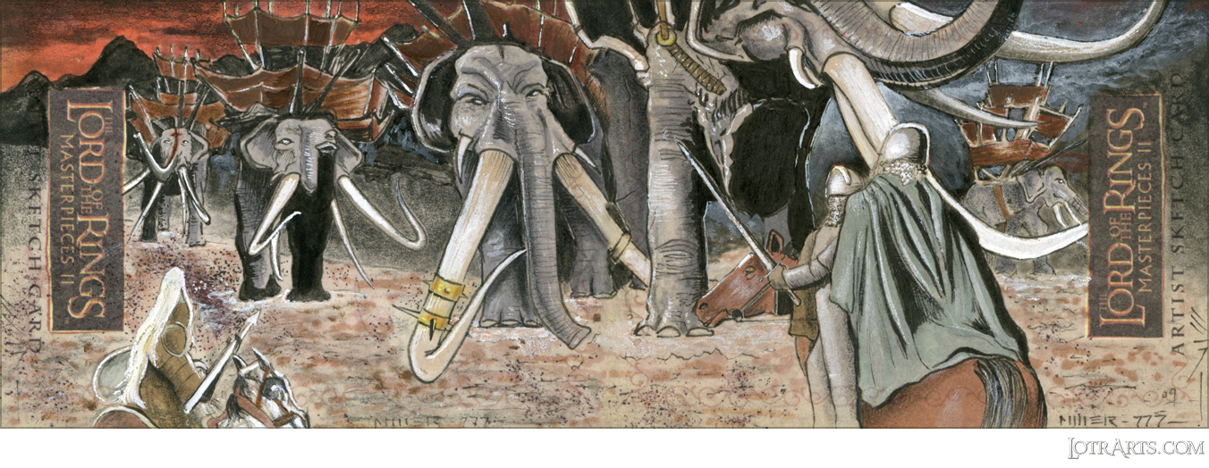 Éowyn, Merry, Mumakil and Éomer, two-card panel, by Miller: artist return sketches<span class="ngViews">6 views</span>