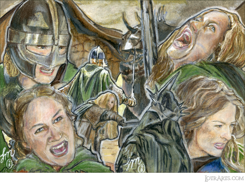 Composite scenes of battle between Éowyn and the Witch-king and Fellbeast, two-card panel, by Mangue: after-market sketches<span class="ngViews">9 views</span>