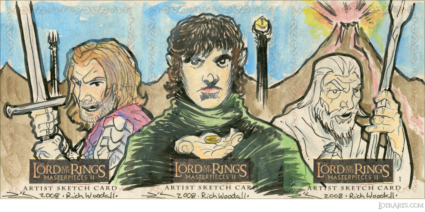 Composite image of Aragorn, Frodo and Gandalf, three-card panel, by Woodall: artist return sketches<span class="ngViews">3 views</span>
