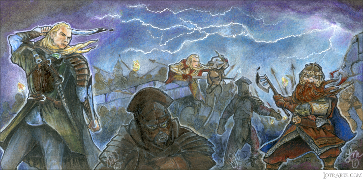 Battle at Helms Deep, Legolas, Gimli, Haldir, Uruk Hais, three-card panel, by Mangue: after-market sketches<span class="ngViews">12 views</span>