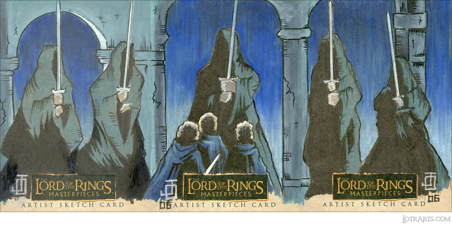 Nazgûl approaching Frodo, Pippin and Merry at Weather Top, three-card panel, by Ocampo<span class="ngViews">6 views</span>