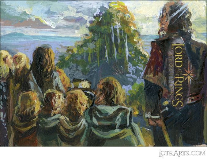 Haldir, Legolas, Haldir, Aragorn, Merry, Frodo, Gimli, Pippin, Sam, Boromir seeing Caras Galadhon by Myler: after-market sketch<span class="ngViews">16 views</span>