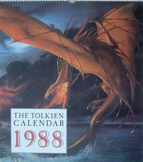 <titletext>
<strong>

1988 Unwin Hyman Ltd.<br/>
ISBN: 0 04 823379 X<br/>
"The Tolkien Calendar 1988" Illustrations by Professor Tolkien, Ted Nasmith, John Howe, and Roger Garland.<br/>
Cover: "The Death of Smaug" by John Howe.<br/>
Three months of this calendar – February, September and October were illustrated by John Howe.

</strong>
</titletext>