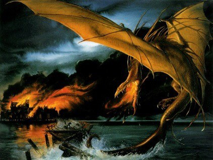 <titletext>
<strong>

September – “Smaug Attacks Laketown” by John Howe

</strong>
</titletext>