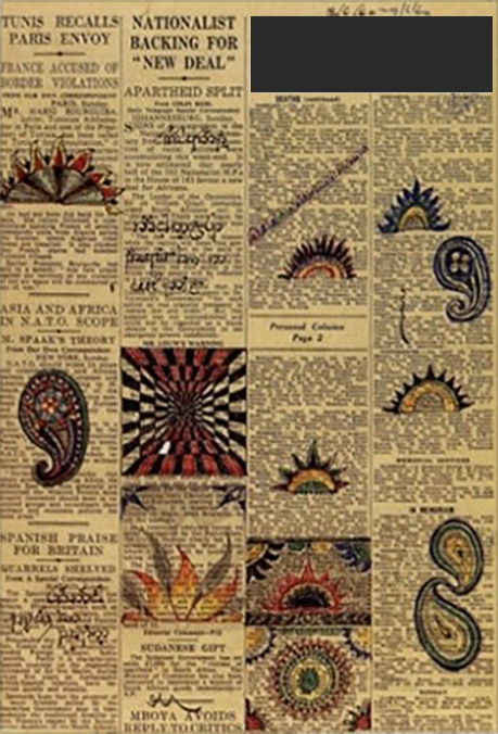 Seemingly idle doodles across a newspaper article, involving coloured designs of a rudimentary nature, tear-drop paisley patterns, flower structures, some elven calligraphy, perspective layering, ray imagery and free-form abstract design, These appear to be preliminary workings for later development in assorted Middle-earth imagery.<span class="ngViews">5 views</span>