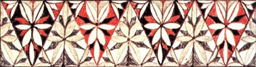 Frieze in red, white, black and beige, with superimposed floral design. Design elements used in Middle-earth heraldic devices etc. <br/> Published in the JRR Tolkien Calendar 1979.<span class="ngViews">4 views</span>