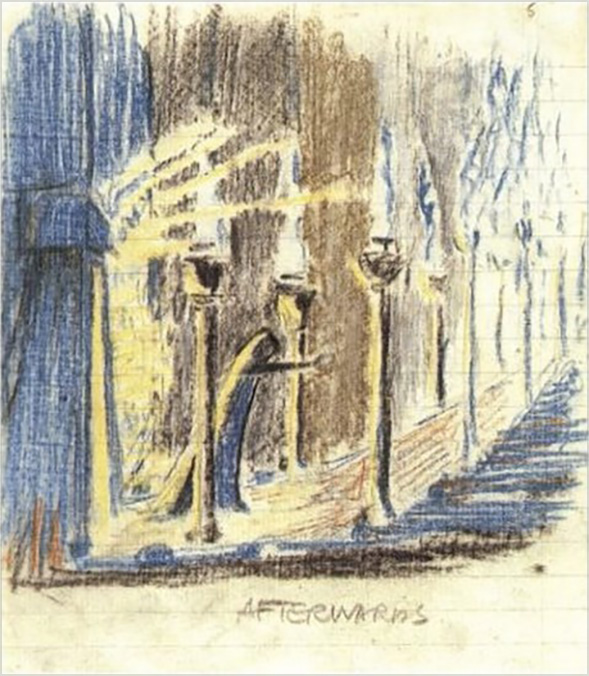 <i>Afterwards</i>

<br/>

[Pencil, coloured pencil]

<br/><br/>

Assumed to follow Before, depicts a solitary stylised figure walking through the passage lined with torches holding his hands out as if blind or blinded, and although sketched now in yellows and blues, it conveys a sense of gloom and threat, though not to be dreaded (than in Before).<span class="ngViews">4 views</span>