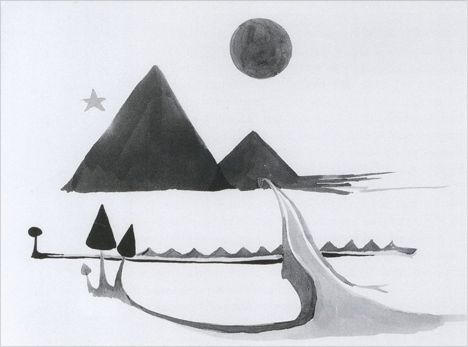 <i>Beyond </i>

<br/><br/>

A watercolour described by Hammond and Scull: “Its elements are reduced to basic forms and are brightly painted by category: pink star, purple moon, indigo mountains, pink road, black mushroom-like trees. It is a strange work, like an other-worldly view of the Pyramids, and it has a puzzling rubbed inscription: 'Alas! [?] in dreadful mood'. If the artist was under a dark cloud, it is not reflected in his cheerful colours.” The only image found on the internet is in black and white, is reproduced below. Even in this form it is very evocative and strange. Surmising: it depicts a road leading to a future of shapes from the past, a moon looming darkly with a single star. July 1913.<span class="ngViews">4 views</span>