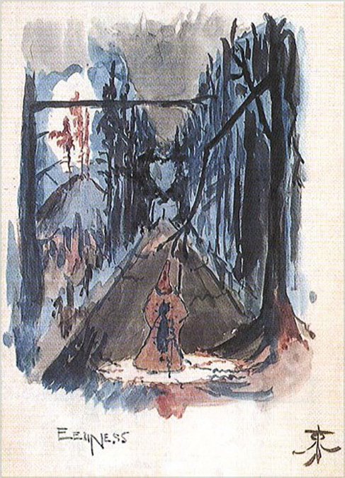 <i>Eeriness</i>

<br/><br/>

It appears to depict a wizard form (?Radagast) walking on a road flanked by tall, dark trees (? Mirkwood). It conveys a sense of disturbing mystery.<span class="ngViews">1 view</span>