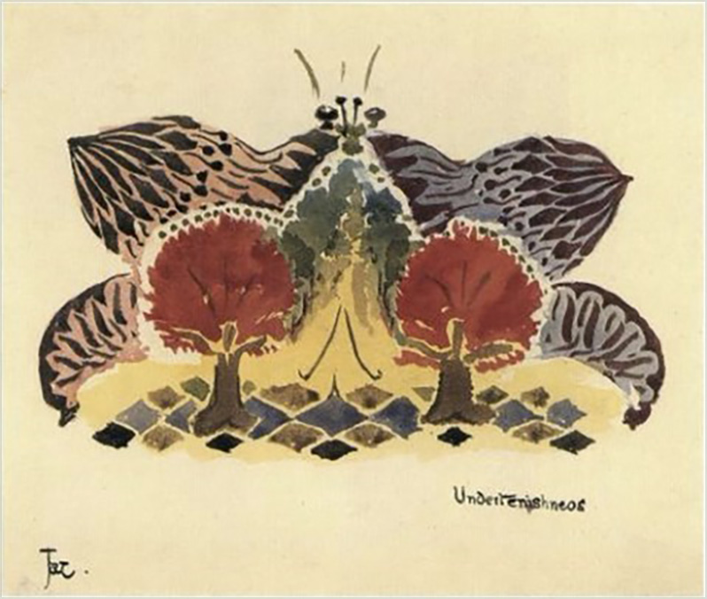 <i>Undertenishness</i>

<br/>

[Watercolour, black ink]

<br/><br/>

Companionied and contrasted with Tolkien’s drawing of Grownupishness, it is conceived as representing youth, and in the brillant cheerful colouring, symmetry and butterfly imagery of spread wings underpined by bright orange trees, of the joy of freedom and boundless vision (and ?promise). It is a striking and ethereal.<span class="ngViews">2 views</span>