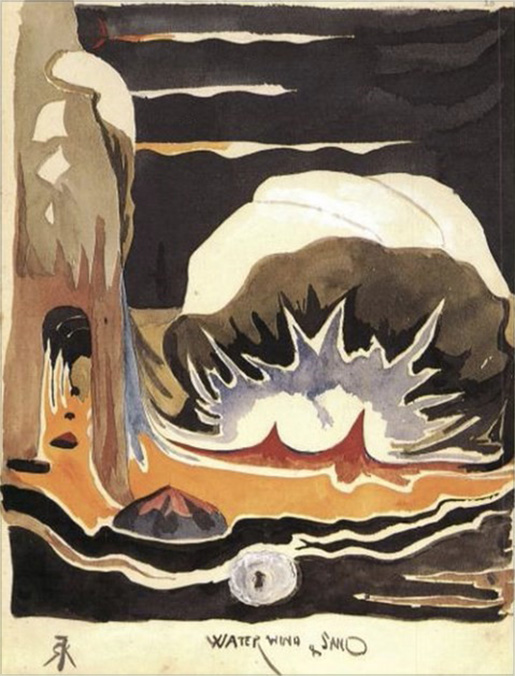 <i>Water, wind and sand</i>

<br/>

[Pencil, watercolour, white body colour, early 1915]

<br/><br/>

Tolkien was apparently fascinated by the sea, it inspired his writing and art. In this painting, he is depicting wild moments, as he wrote in letters and poem, of white foam and the dramatic thrashing of waves upon rocks.<span class="ngViews">2 views</span>