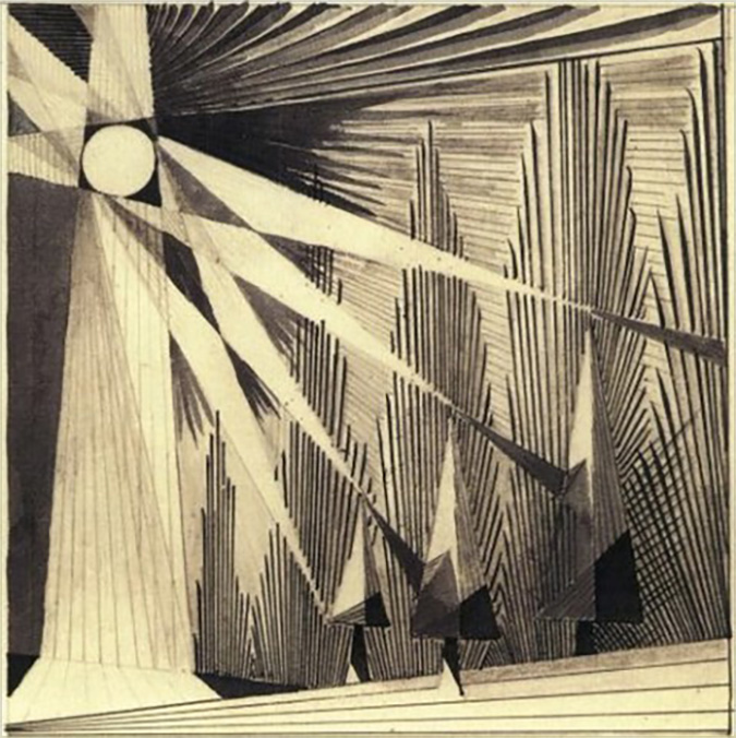 <i>Moonlight on a Wood</i>

<br/>

[Pencil, black ink, watercolor]

<br/><br/>

A rare black and white drawing in cubistic geometric style. There is an evocative starkness and power seemingly depicting the streaming of rays of light (moon/sun/?understanding) on a mysterious stylised forest. Fascinating interplay of texture and perspective, thought-provoking and somewhat disturbing in its ‘opaqueness’.<span class="ngViews">2 views</span>
