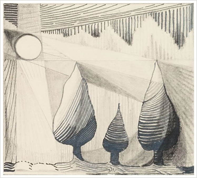 <i>Three Trees in Cubist Style</i>

<br/><br/>

[Pencil, black ink, watercolor]

<br/>

A black and white drawing in cubistic geometric style of three stylised striated trees, in a study of light from a dominating source casting shadows.<span class="ngViews">3 views</span>