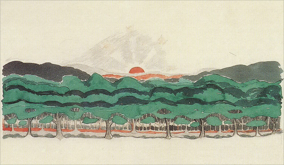 <i>Wood at the World's End</i>

<br/><br/>

Both Moonlight on a Wood and this depiction, though radically different styles, are highly stylised. It is basically symmetrical, the stylised foreground trees and their wave-like treetops, framing a setting blazing (possibly) Valinorian sun. The whole effect provides a magnetic sense of mystery and wonder.<span class="ngViews">3 views</span>