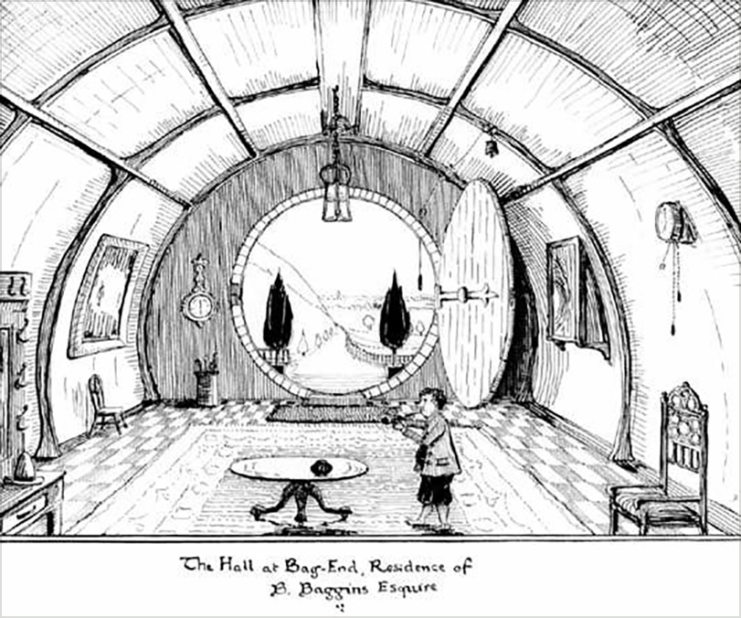 1. <i>Bag-End: The Hall at Bag-End, Residence of B. Baggins Esquire</i>

<br/><br/>

Illustration of Bilbo inside Bag End, detailing the interior (furnishings, front door) and looking beyond to the garden and Shire.

<br/><br/>

A simple and naïve illustration capturing the legendary opening lines of the Hobbit:

<br/>

"In a hole in the ground there lived a Hobbit. Not a nasty, dirty, wet hole, filled with the ends of worms and an oozy smell, nor yet a dry, bare, sandy hole with nothing in it to sit down on or to eat: it was a Hobbit-hole, and that means comfort."

<br/><br/>

A later coloured version by HE Riddett was published in Deluxe edition and the Tolkien Calendar 1979.<span class="ngViews">4 views</span>