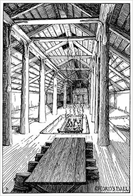 2. <i>Beorn's Hall </i>

<br/><br/>

Home of Beorn (the skin-changer), a detailed architectural drawing of the pillars, steeple beams, fire pit, table and raised platforms

<br/><br/>

Later coloured by HE Riddett. Used in some illustrations of The Hobbit and the Hobbit Calendar 1976.<span class="ngViews">4 views</span>