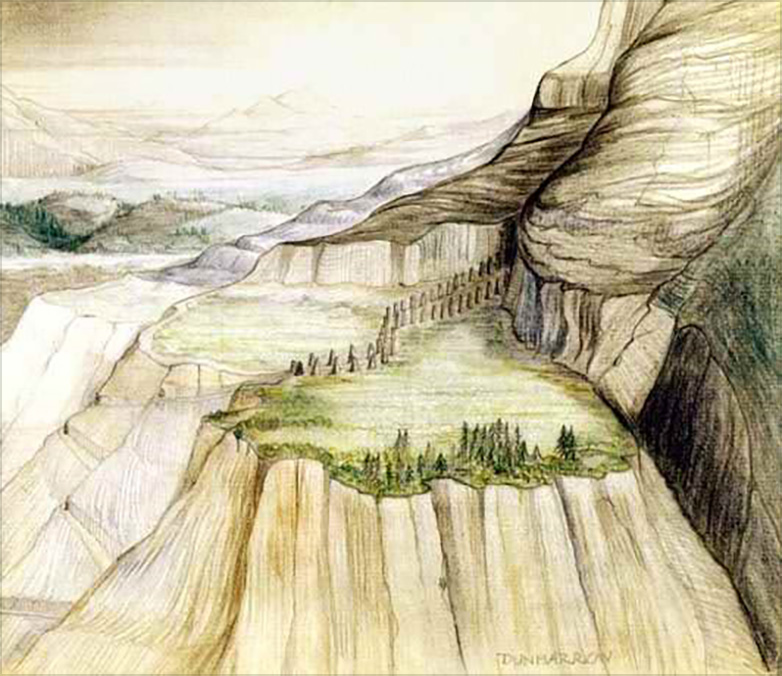 3. <i>Dunharrow</i>

<br/><br/>

The storyline relating to Dunharrow went through numerous changes in terms of its physical characteristics and it relationship to the Paths of the Dead. Accompanying these drafts, Tolkien created many sketches, often detailed, in the end abandoning them.

<br/><br/>

A later crayon drawing was a more picturesque and panoramic view.

<br/><br/>

In Tolkien’s words in ROTK Bk IV Ch 3:

<br/>

"Dividing the upland into two there marched a double line of unshaped standing stones that dwindled into the dusk and vanished in the trees. Those who dared to follow that road came soon to the black Dimholt under Dwimorberg, and the menace of the pillar of stone, and the yawning shadow of the forbidden door."

<br/><br/>

However in this drawing there is no depiction of the dark wood or stone pillar. As was his manner, his vision had changed and he annotated this ‘no longer fits story.’

<br/><br/>

Published in LOTR Calendar 1977.<span class="ngViews">6 views</span>