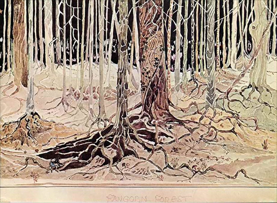 4. <i>Fangorn Forest</i>

<br/><br/>

This painting was created in 1920s and captioned by Tolkien as ‘Fangorn Forest’. Nevertheless in a 1937 letter, Tolkien noted that it was meant to illustrate the passage in The Silmarillion where Beleg finds Gwindor in the forest of Taur-nu-Fuin, and the elven figures clearly indicate this.

<br/><br/>

It was reproduced in Tolkien Calendar 1974, LOTR Calendar 1977, Silmarillion Calendar 1977 and 1978 (captioned “Beleg finds Gwindor in Taur-nu-Fuin").<span class="ngViews">4 views</span>