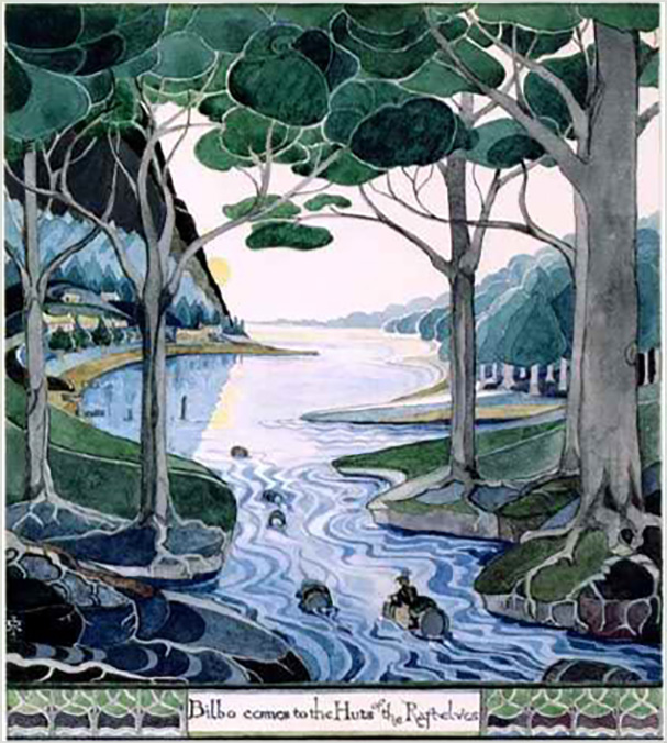 Version 2: Bilbo comes to the Huts of the Raft-elves.

<br/><br/>

Painting shows the sun has already risen. This appeared in the second English impression of The Hobbit (the first edition contained no coloured illustrations).<span class="ngViews">3 views</span>