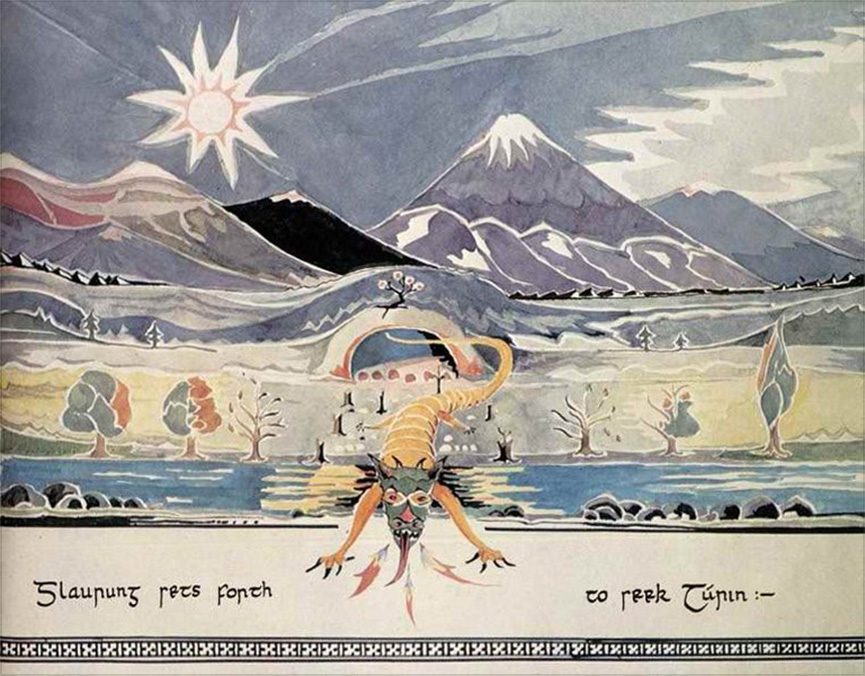 6. <i>Glaurung sets forth to seek Turin</i> [dated 1927]

<br/><br/>

Glaurung was the first of the dragons and chief lieutenant of Morgoth, the First Age Dark Lord. In this painting he is seeking Turin, a tragic hero.

<br/><br/>

Interestingly the entrance to Nargothrond, the Nordor elven stronghold, is a single arch, contrary to the triple doors seen in other drawings, reflecting Tolkien’s evolving image of this fortress.

<br/><br/>

It was published in The Silmarillion Calendar 1978.<span class="ngViews">3 views</span>