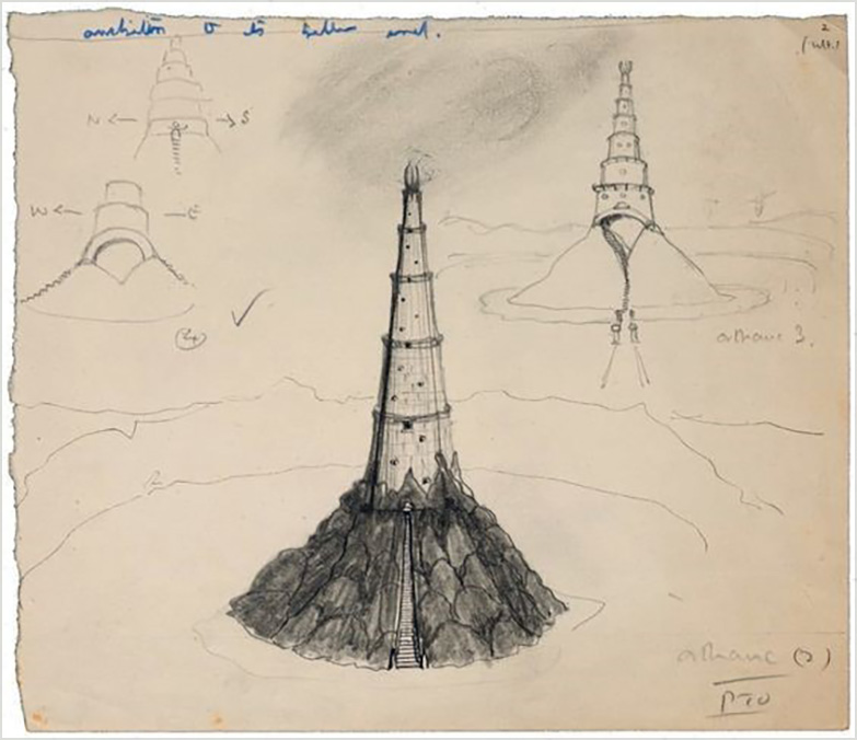 <i>Orthanc (2)</i>

<br/><br/>

Again using examination script, Tolkien drew Orthanc (2) and (3), mirroring a revision of his text image of Orthanc as "marvellously tall and slender, like a stone horn..."<span class="ngViews">1 view</span>