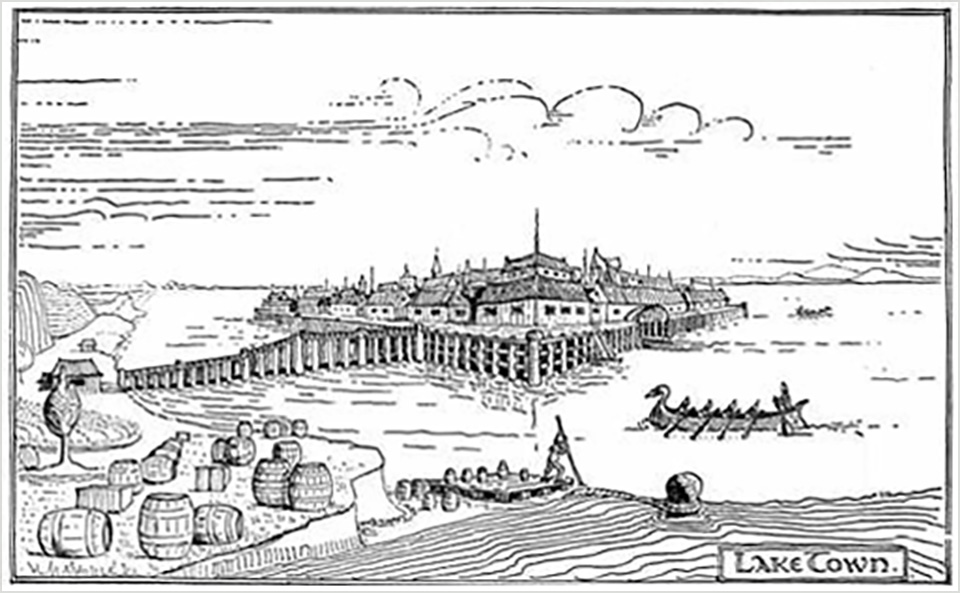 11. <i>Lake-town</i>

<br/><br/>

Lake-town was a small settlement of men. It was constructed entirely of wood and stood upon wooden pilings sunk into Long Lake, as a protection against the dragon Smaug, who dwelt in the nearby Lonely Mountain.

<br/><br/>

The illustration detailed the architectural structure of pillars, long wooden quays, steps and ladders, houses…

<br/><br/>

Published in The Hobbit, 1937.

<br/><br/>

Illustration was coloured by HE Riddett and published in the Hobbit Calendar 1976.<span class="ngViews">2 views</span>