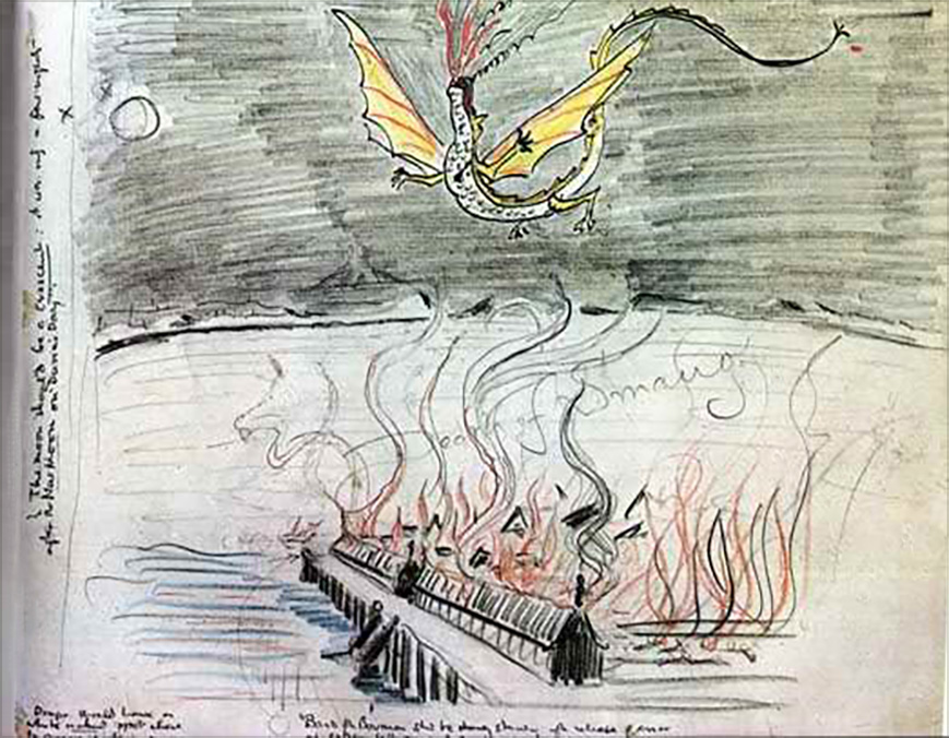 12. <i>Lake-town: ‘Death of Smaug’ </i>

<br /><br />

This sketch depicts the death of Smaug from the arrow shot by Bard the Bowman, piercing the dragon in its one vulnerable spot, Lake-town burning below (from The Hobbit Chapter 14).

<br /><br />

Tolkien’s annotations on the edges instruct: crescent moon, “Dragon should have a white naked spot where the arrow enters”, “Bard the Bowman should be standing after release of arrow at extreme left point of the piles.”

<br /><br />

Reproduced in Tolkien Calendars 1973 and 1974.<span class="ngViews">2 views</span>