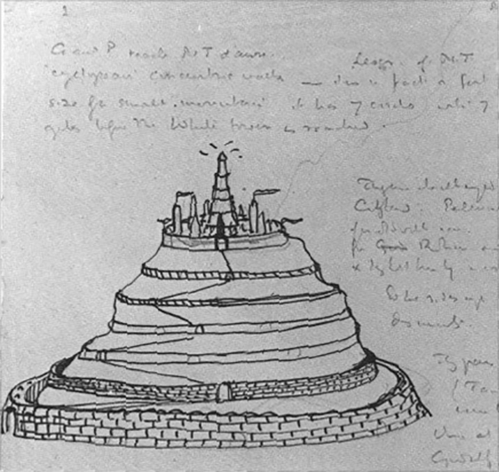 15. <i>Minas Tirith</i>

<br/><br/>

Tolkien’s drawings of Minas Tirith reflect his attempts to finalise the storyline. His descriptions of the ‘White City’ evolved from an essential concept of: “…its huge ‘cyclopean’ concentric walls… a fort and town the size of a small mountain. It has seven circles…before the White Tower is reached.”

<br/><br/>

The earliest sketch of Minas Tirith reflect this description, however with only a faint line impression of the mountain pier that Tolkien at the last minute envisaged divided the city.<span class="ngViews">1 view</span>