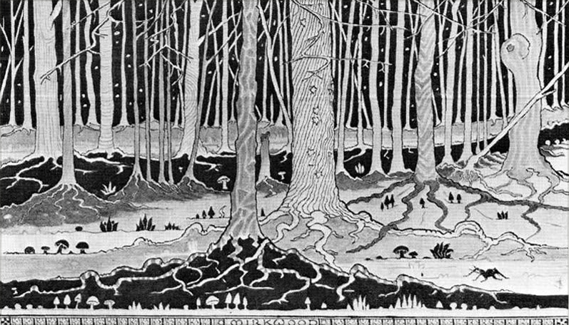 16. <i>Mirkwood Forest</i>

<br/><br/>

Mirkwood or the Forest of Great Fear was a great forest in Rhovanion. This stylised and elegant drawing shows rows of trees of various type and thickness with burgeoning roots. This is an image of deep night, and has an eerie enchanted feel (though not quite the threatening impression given in the book).

<br/><br/>

The inked illustration was published in the Hobbit, 1937.

<br/><br/>

The original was given to a friend and cannot now be traced.<span class="ngViews">2 views</span>