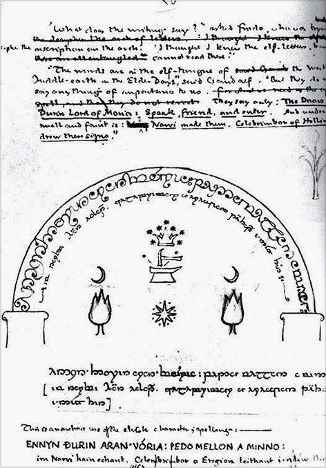18. <i>Moria: The Doors of Durin</i>

<br/><br/>

Tolkien created many trial drawings for the Doors. As an indication of this evolving creative process, early and final (art for printer) drawings are featured. Major changes in this process: eg number of stars changed, proportions changed, became more elongated, columns became more detailed, trees appeared and became more elaborate.

<br/><br/>

In Tolkien’s words: “…an arch of interlacing letters in an Elvish character…an anvil and hammer surmounted by a crown with seven stars . Beneath these again were two trees, each bearing crescent moons. .. in the middle of the door a single star with many rays.” (Ref BkII ch4)<span class="ngViews">2 views</span>