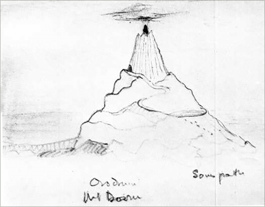 20. <i>Mordor: Orodruin (Mt Doom)</i>

<br /><br />

This sketch was created on a rejected page of the manuscript of The Return of the King, Book VI. In the original the tongue of flame at the cone of the mountain is coloured red. It details Sauron's Road from Barad-dûr to the entrance of the Sammath Naur.

<br /><br />

It was published as an inset to the painting of Barad-dur in LOTR Calendar 1977.<span class="ngViews">1 view</span>