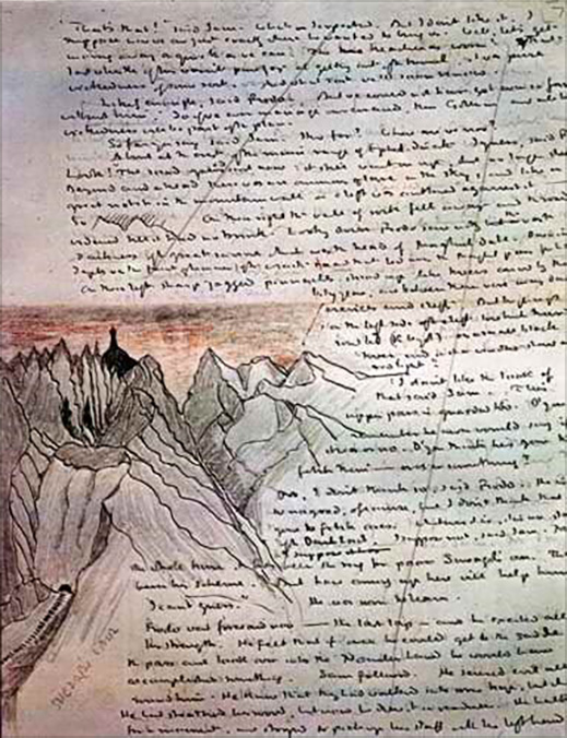 21. <i>Mordor: Shelob's Lair</i> (and manuscript)

<br/><br/>

Shelob’s Lair sketch was drawn first in pencil then inked within the manuscript text.

<br/><br/>

A cropped version was published in LOTR Calendar 1977, noting: The writing accompanying this picture is a fragment of an early draft of the passage…<span class="ngViews">1 view</span>