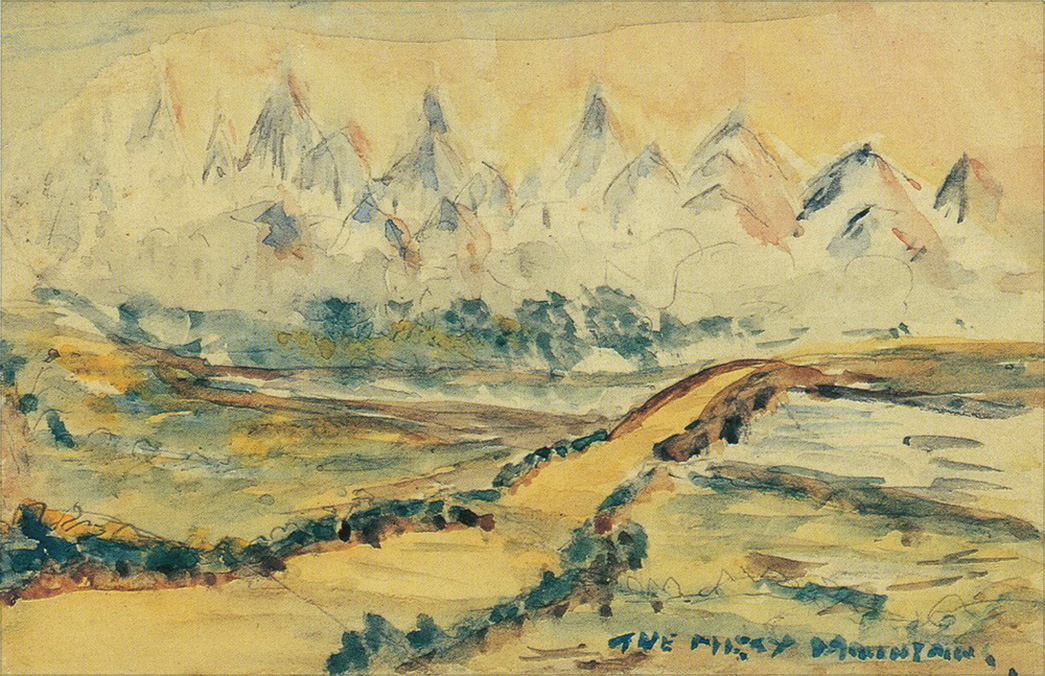 22. <i>Mountain: The Misty Mountains</i>

<br/><br/>

This warm tone watercolour depicts a scene of the road winding aross the river towards the Misty Mountain foothills. It paints a pleasant natural setting and sense of innocence/serenity. Obviously Tolkien choose not to portray in this a sense of the mystery, menance or malice awaiting in the mountains.<span class="ngViews">1 view</span>