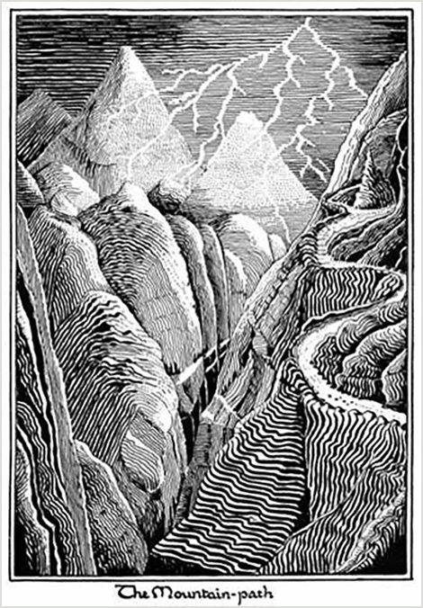 23. <i>Mountains: ‘The path’</i>

<br /><br />

The High Pass over the Misty Mountains: on its western end was the refuge of Rivendell and from there the Great East Road climbed into the mountains until it reached the mountain under which lay the Goblin-town.

<br /><br />

Colour was added later by H. E. Riddett.<span class="ngViews">1 view</span>